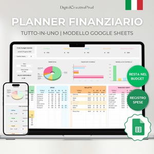 Può includere: Un laptop e uno smartphone mostrano un foglio di calcolo del pianificatore finanziario. Lo schermo del laptop mostra una ripartizione dettagliata del budget con grafici e tabelle. Lo smartphone rispecchia i dati. Il testo include "PLANNER FINANZIARIO".
