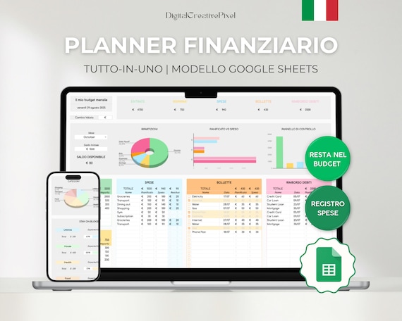 Budget Mensile per Google Sheets Italiano, Planner Finanze Personale, Tracker Spese, Entrate, Monitoraggio Risparmi, Rimborso Debiti