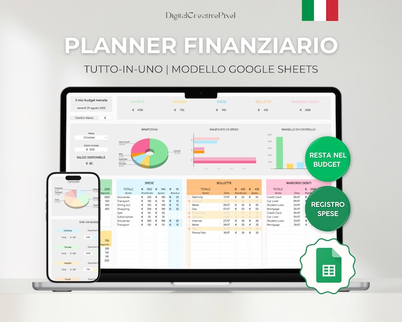 Peut inclure: Un ordinateur portable et un smartphone affichent une feuille de calcul de planificateur financier. L'&eacute;cran de l'ordinateur portable montre une r&eacute;partition budg&eacute;taire d&eacute;taill&eacute;e avec des graphiques et des tableaux. Le smartphone refl&egrave;te les donn&eacute;es. Le texte comprend "PLANNER FINANZIARIO".