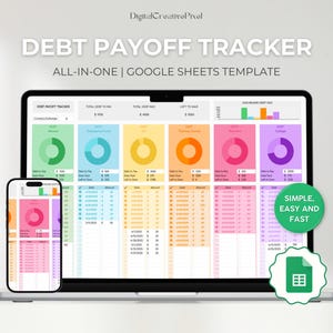 May include: A Google Sheets template for tracking debt payoff progress. The template includes a dashboard with colorful pie charts and tables to track debt balances, payments, and interest rates. The template is designed to be simple, easy, and fast to use.