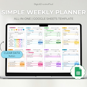 Può includere: Un computer portatile che mostra un modello di foglio di calcolo Google per un semplice pianificatore settimanale. Il modello include sezioni per attività quotidiane, meteo, umore e sonno. Il modello include anche un pulsante "CANCELLA DATI".