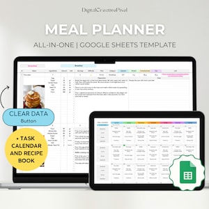 Mahlzeitenplaner für Google Sheets, Rezept-Binder-Karten, Tages- und Wochenplaner, Gewichtsverlust-Tracker, Lebensmittelbuch