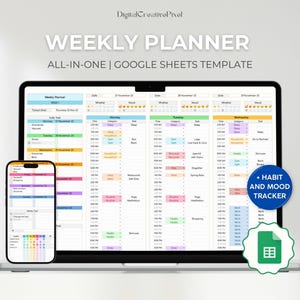 Wekelijkse planner voor Google Spreadsheets, gewoontetracker, takenschema, digitaal dagboek, dagelijkse planner-spreadsheets, maandelijkse takenkalender