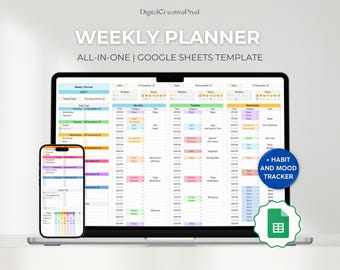 Weekly Planner for Google Sheets, Habit Tracker, Chore Chart, Digital Journal, Daily Planner Spreadsheets, Monthly Task Calendar