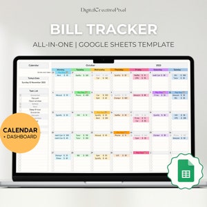 May include: A laptop computer displaying a Google Sheets template for a bill tracker. The template includes a calendar and a task list. The text "BILL TRACKER" and "ALL-IN-ONE | GOOGLE SHEETS TEMPLATE" is displayed at the top of the screen. A green icon with a spreadsheet symbol is in the lower right corner of the image.