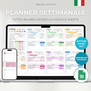 May include: A laptop and smartphone displaying a digital planner. The laptop screen shows a colorful weekly planner with various sections. The smartphone mirrors the planner's layout. Text includes "PLANNER SETTIMANALE" and "TUTTO-IN-UNO".