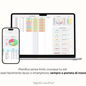 Peut inclure: Un ordinateur portable et un smartphone affichant des feuilles de calcul financi&egrave;res avec des graphiques et des donn&eacute;es. L'&eacute;cran de l'ordinateur portable affiche une liste d&eacute;taill&eacute;e, tandis que le t&eacute;l&eacute;phone affiche un diagramme circulaire. Le texte en bas dit: "Planifiez sans limites, o&ugrave; que vous soyez!" et "Utilisez-le facilement depuis un PC ou un smartphone, toujours &agrave; port&eacute;e de main."