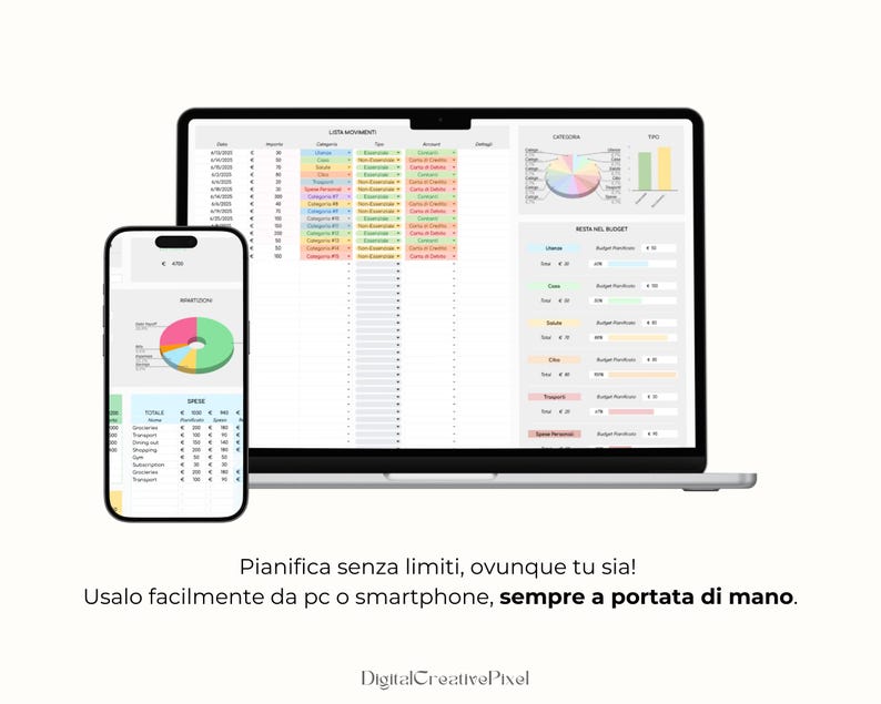 Peut inclure: Un ordinateur portable et un smartphone affichant des feuilles de calcul financi&egrave;res avec des graphiques et des donn&eacute;es. L'&eacute;cran de l'ordinateur portable affiche une liste d&eacute;taill&eacute;e, tandis que le t&eacute;l&eacute;phone affiche un diagramme circulaire. Le texte en bas dit: "Planifiez sans limites, o&ugrave; que vous soyez!" et "Utilisez-le facilement depuis un PC ou un smartphone, toujours &agrave; port&eacute;e de main."