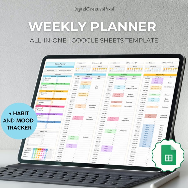 Agenda hebdomadaire pour Google Sheets, agenda horaire, rendez-vous, liste hebdomadaire de tâches, calendrier d'événements, suivi de l'humeur