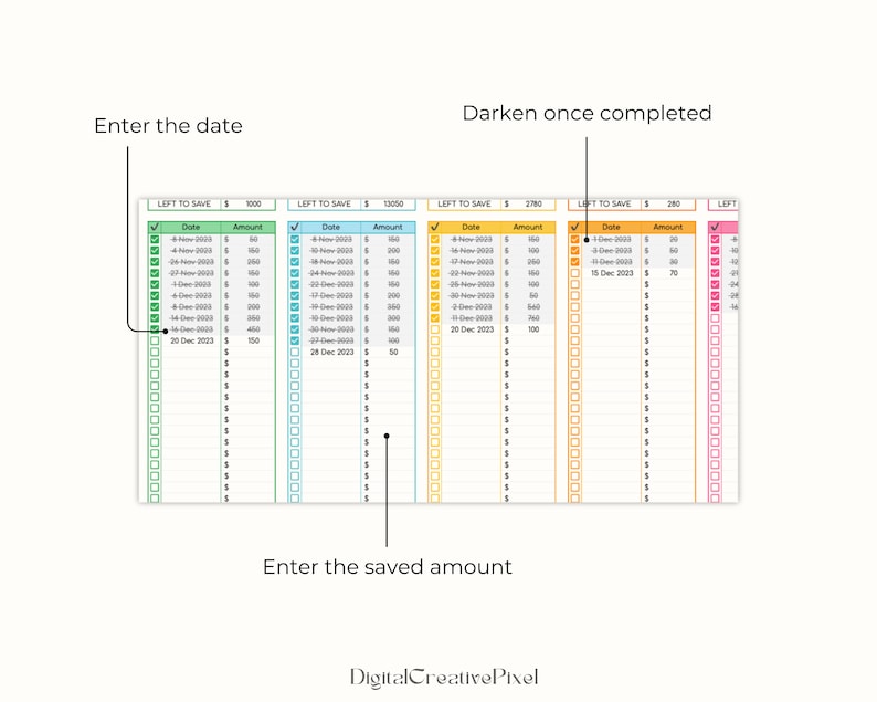 Enter the date, Darken once completed and enter the saved amount.
