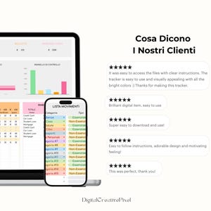 Peut inclure: Un ordinateur portable et un smartphone affichant une feuille de calcul financi&egrave;re avec des graphiques et des donn&eacute;es color&eacute;s. L'image comprend des avis clients et le texte "Cosa Dicono I Nostri Clienti".