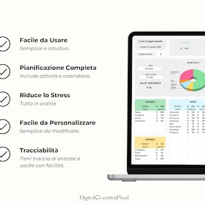 Peut inclure: Un ordinateur portable affiche une feuille de calcul financi&egrave;re avec un graphique circulaire et des tableaux de donn&eacute;es. L'&eacute;cran affiche du texte en italien, dont "Facile da Usare". L'ordinateur est sur une surface blanche.