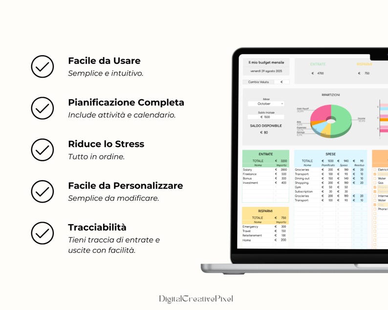 Peut inclure: Un ordinateur portable affiche une feuille de calcul financi&egrave;re avec un graphique circulaire et des tableaux de donn&eacute;es. L'&eacute;cran affiche du texte en italien, dont "Facile da Usare". L'ordinateur est sur une surface blanche.