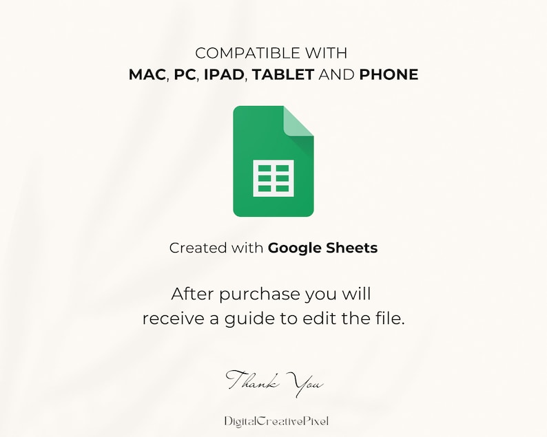 Compatible with Mac, Pc, iPad, Tablet and Phone. Created with Google Sheets. After purchase you will receive a guide to edit the file.