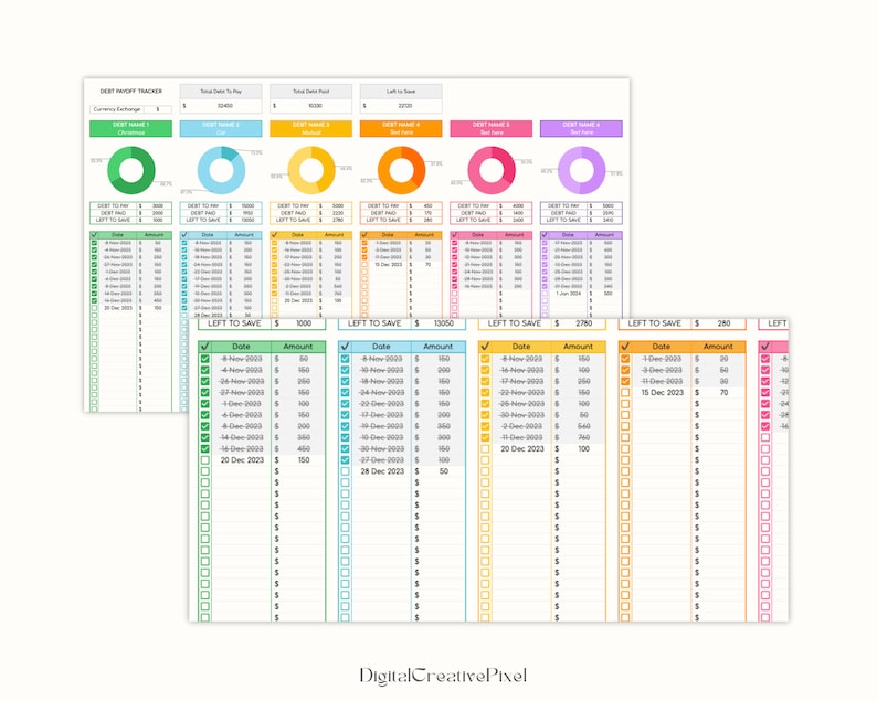 Presentation of Debt Payoff Tracker, Money Savings, Goal Tracker, Monthly Budget.