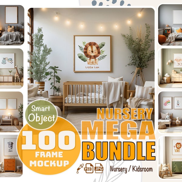 100 Nursery Frame Mockup Bundle, Mega Bundle, Children Room Wall Art Mockup Set, Boho Nursery Frame Mockup, interior frame mockup, PSD Layer