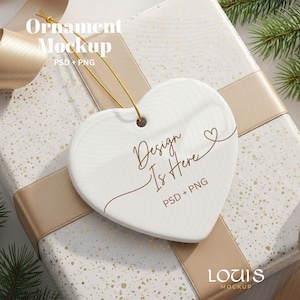 Heart Ceramic Ornament Mockup, Gold String on Gift Box Scene,  Christmas Ornament PSD Smart Object + PNG Holiday