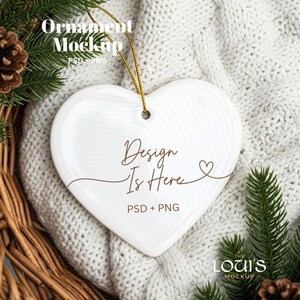 Heart Ceramic Ornament Mockup | Gold String on Knit & Basket Scene | Christmas PSD Smart Object + PNG