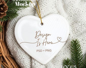 Heart Ceramic Ornament Mockup | Gold String on Knit & Basket Scene | Christmas PSD Smart Object + PNG