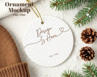 Christmas Ornament Mockup, Round Ceramic Ornament PSD & PNG, Print on Demand Mock Up with Gold String, Photoshop