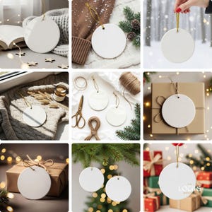 May include: A collection of white, round ceramic ornaments with gold hanging strings. The ornaments are displayed in various settings, including on a sweater, with gift boxes, and on a Christmas tree. The ornaments are blank, ready for customization.