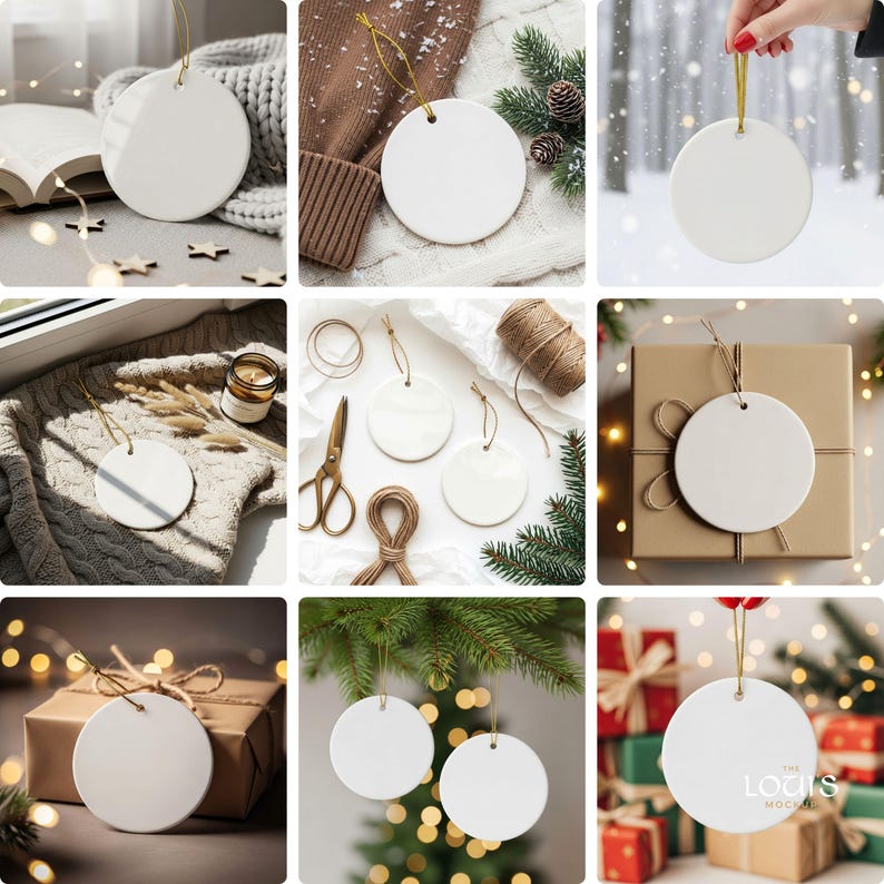 May include: A collection of white, round ceramic ornaments with gold hanging strings. The ornaments are displayed in various settings, including on a sweater, with gift boxes, and on a Christmas tree. The ornaments are blank, ready for customization.