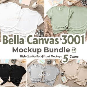 以下が含まれることがあります： 白、セージグリーン、黒、グレー、ベージュの5色展開のBella Canvas 3001 Tシャツのモックアップバンドル。前面と背面からのビューでシャツが表示され、デザインの可能性を強調しています。「Bella Canvas 3001 Mockup Bundle」というテキストが含まれています。