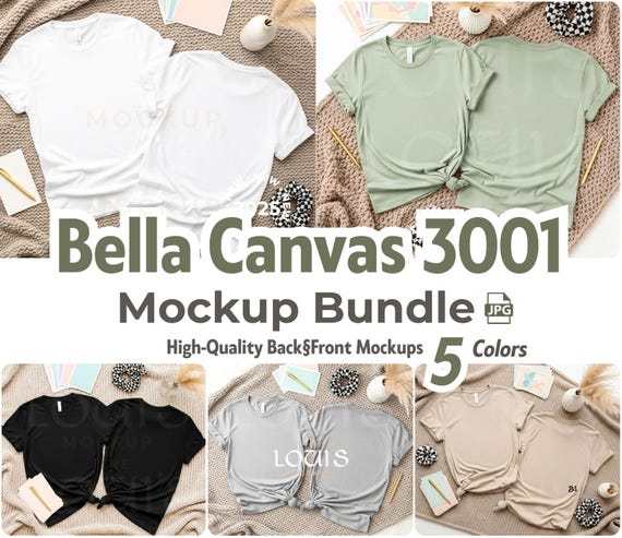 Bella Canvas 3001 Back and Front Mockup Bundle | Dual View Flat Lay Shirt Mockups | 5 Colors High-Quality JPG T-Shirt Bundle for Etsy