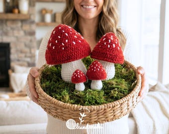 Handgemachtes gehäkeltes Pilz-Set, roter Fliegenpilz Wohnkultur, gemütlicher Waldakzent, Pilz-Schlüsselbund