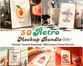 50種類のレトロフレームモックアップバンドル | ミッドセンチュリーPSD JPGシーン | ヴィンテージウォールアートポスターディスプレイ | Canvaで印刷可能なアート、カラフルなフレームPSD