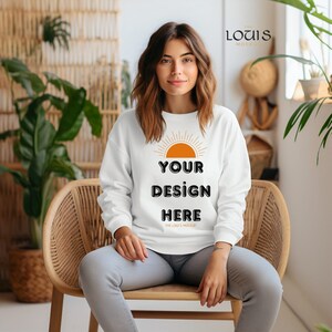 Gildan 18000 White Sweatshirt Mockup, White Crewneck Mockup, Model Mock, Gildan 18000 White Sweater, Boho  Mockup