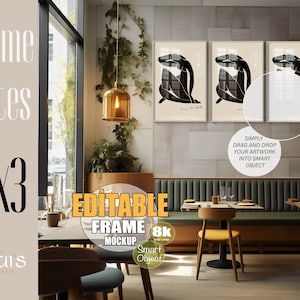 Editable Cafe PSD Frame Mockup, Wood Framed Print, Interior Frame Mockup, psd layer, 3 Vertical Frame Mockup, Frame Mockup Size
