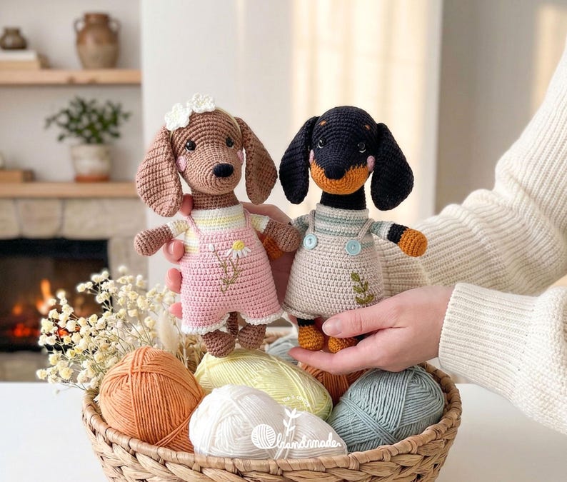 Hand Crochet Dachshund Doll, Amigurumi Wiener Dog Plush, Cotton Yarn Stuffed Animal, Nursery Decor image 1