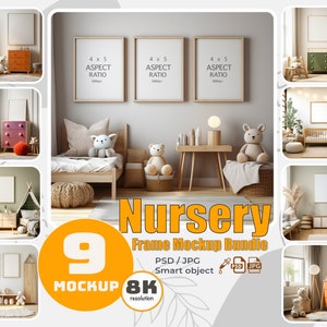 9 Kinderzimmer Rahmen Mockup Bundle, Boho Babyzimmer Rahmen Mockup, Modernes Kinderzimmer Wand Kunst Mockup Bundle, Kinderzimmer Poster Mockup