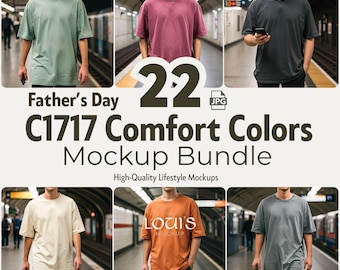 Conjunto de mockups de camisetas Comfort Colors C1717 para o Dia dos Pais | Expositor de camisetas Urban Metro com 22 cores para o pai | Mockups de camisas casuais masculinas em JPG