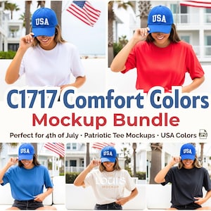 C1717 Comfort Colors Patriotic Mockup Bundle | 4th of July Shirt JPG | Red White Blue T-Shirt Mockups for Canva POD | USA Colors Set