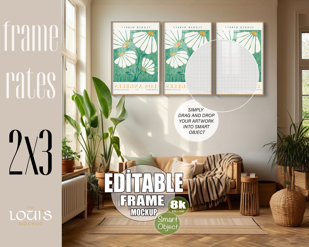 Boho Editable 3 Vertical Frame Mockup, Smart Object, 8K High Quality ...