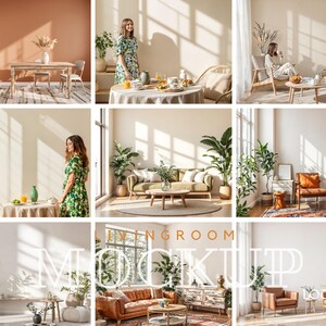 May include: A living room mockup with various furniture arrangements, including a sofa, chairs, coffee tables, and a dining table. The room is decorated with plants and features large windows with natural light streaming in.