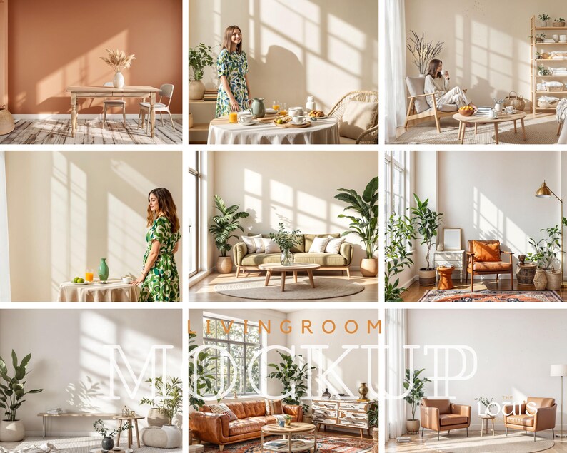 May include: A living room mockup with various furniture arrangements, including a sofa, chairs, coffee tables, and a dining table. The room is decorated with plants and features large windows with natural light streaming in.