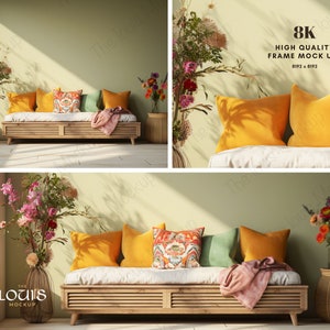 May include: A wooden couch with a white cushion and a pink throw blanket. The couch is decorated with yellow, green, and patterned pillows. There are two vases with flowers on either side of the couch. The background is a light green wall.