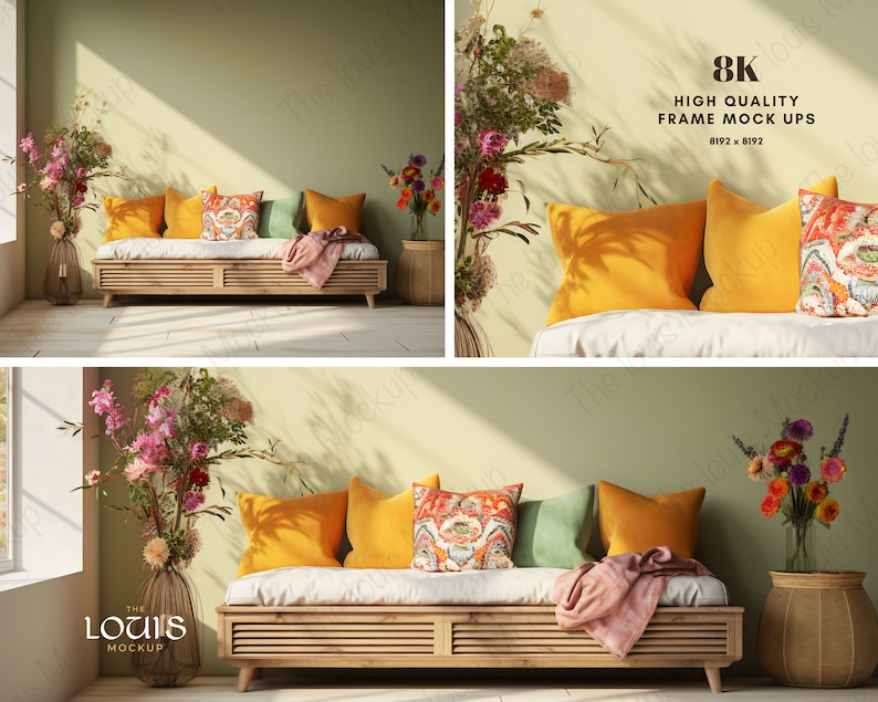 May include: A wooden couch with a white cushion and a pink throw blanket. The couch is decorated with yellow, green, and patterned pillows. There are two vases with flowers on either side of the couch. The background is a light green wall.