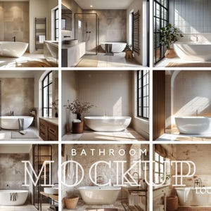 May include: A bathroom mockup with a white bathtub in each of the nine images. The images show different bathroom styles and layouts, including a modern bathroom with a freestanding bathtub, a traditional bathroom with a clawfoot bathtub, and a contemporary bathroom with a walk-in shower. The images are all high-quality and well-lit, making them ideal for showcasing bathroom products.