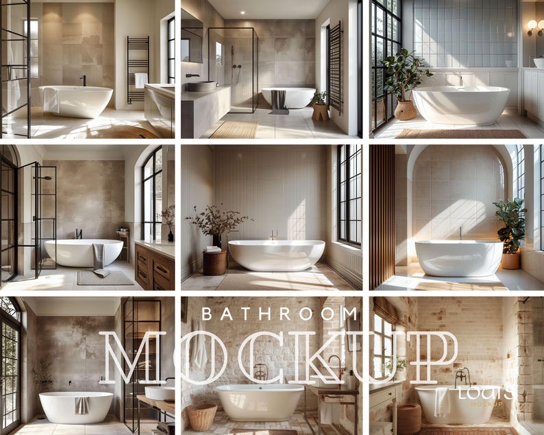May include: A bathroom mockup with a white bathtub in each of the nine images. The images show different bathroom styles and layouts, including a modern bathroom with a freestanding bathtub, a traditional bathroom with a clawfoot bathtub, and a contemporary bathroom with a walk-in shower. The images are all high-quality and well-lit, making them ideal for showcasing bathroom products.
