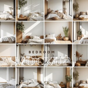 May include: A collection of 10 bedroom mockups featuring different bed arrangements, bedding styles, and decor. Each mockup showcases a minimalist aesthetic with natural elements like wood and plants.