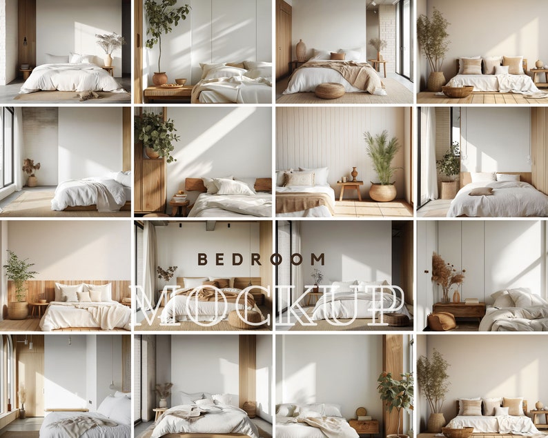 May include: A collection of 10 bedroom mockups featuring different bed arrangements, bedding styles, and decor. Each mockup showcases a minimalist aesthetic with natural elements like wood and plants.