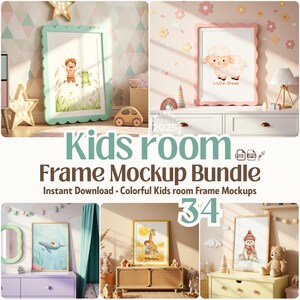 May include: A collection of framed art prints for a kids' room, featuring illustrations of a boy with a frog, a sheep, a whale, a giraffe, and a bear. The frames have various colors and styles. Text on the image reads "Kids room Frame Mockup Bundle".