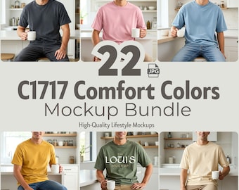 Pacote de mockups de camisetas masculinas Comfort Colors C1717 | 24 mockups para Canva | Conjunto de exibição de camisetas masculinas minimalistas | JPG instantâneo