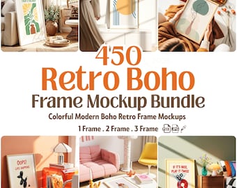Retro Boho Frame Mockup Mega Bundle | 450+ Colorful Modern PSD & JPG Scenes | Vintage Mid Century Poster | Minimalist Modern Bohemian Frame