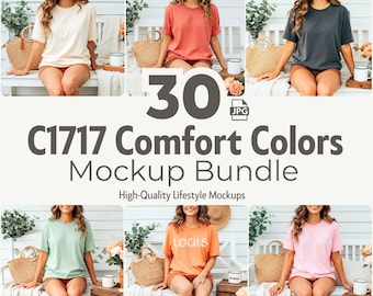 Conjunto de mockups de camisetas com 30 cores confortáveis | Fotos de estilo de vida na varanda | Coleção de camisetas unissex grandes para vendedores do Canva e do Etsy