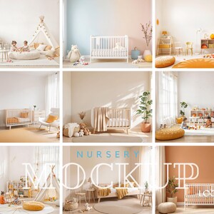 May include: A nursery room mockup with a white crib, a teepee tent, a yellow rug, and a variety of other furniture and decor. The room is decorated in a modern, minimalist style with a neutral color palette.